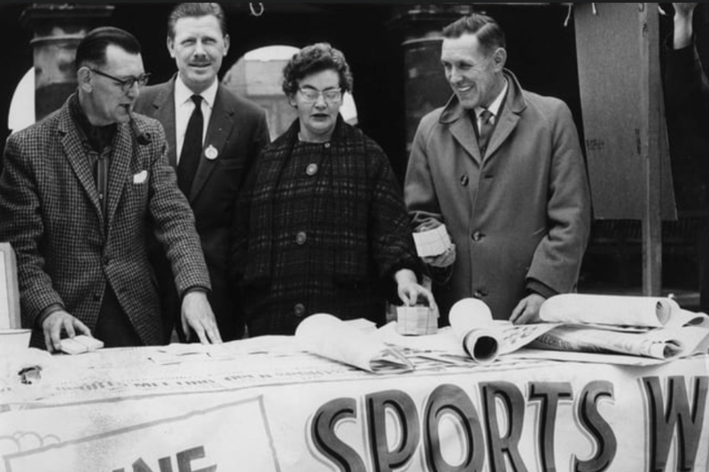 Setting up their South Shields Sports Week stall in the Maket Place in 1964 were, left to right: Coun J Marshall, treasurer; Norman Bell, secretary; Mrs Marshall; Ald J A Clark, chairman of South Shields Sports Week committee. Photo: Shields Gazette