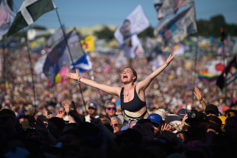  People sing along as Lewis Capaldi performs on the Pyramid Stage on Day 4 of Glastonbury Festival 2023 on June 24,