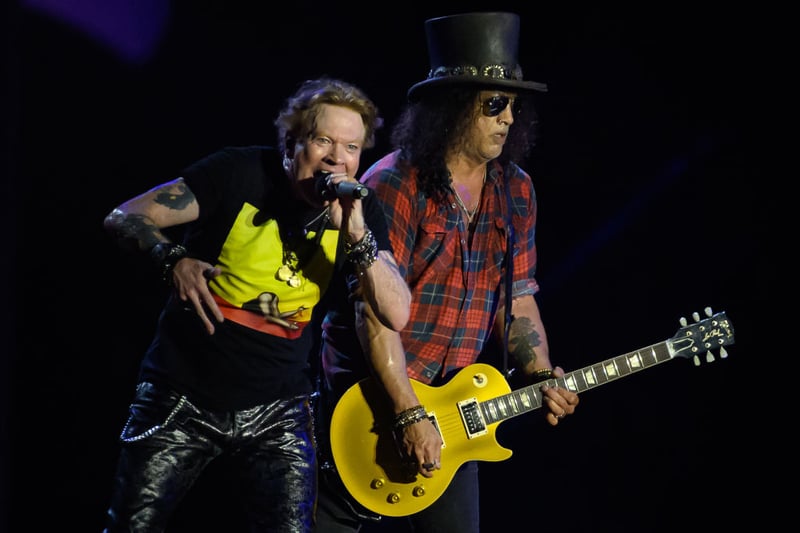 Axl Rose (L) and Slash of Guns ‘n’ Roses perform on the Pyramid Stage on Day 4 of Glastonbury Festival 2023 on June 24, 2023 