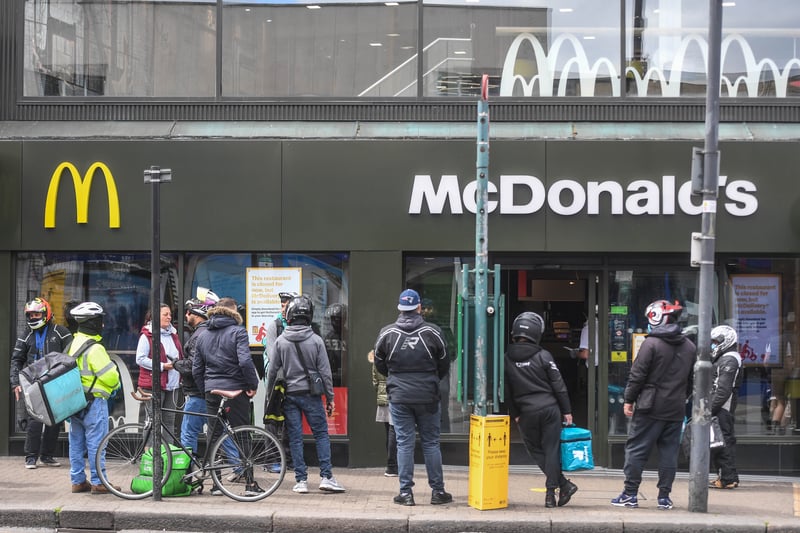 Delivery drivers waiting outside the McDonald’s in Tooting on May 13, 2020, just reopened after a first phase of Covid-19 lockdown. (Photo by Peter Summers/Getty Images)