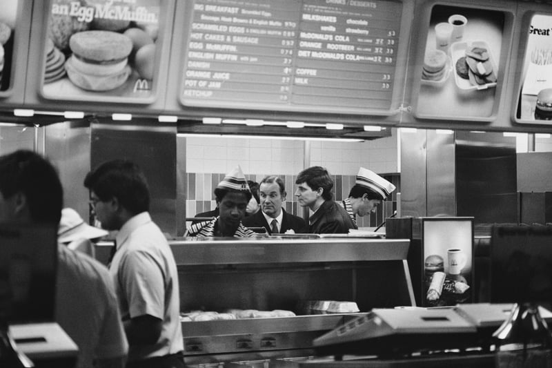 Bow Street magistrate Ronald Bartle visits a local McDonalds kitchen in January 1985. By this point the head office was at its current location in East Finchley and, more importantly, McNuggets were on the menu. (Photo by Harry Dempster/Daily Express/Hulton Archive/Getty Images)