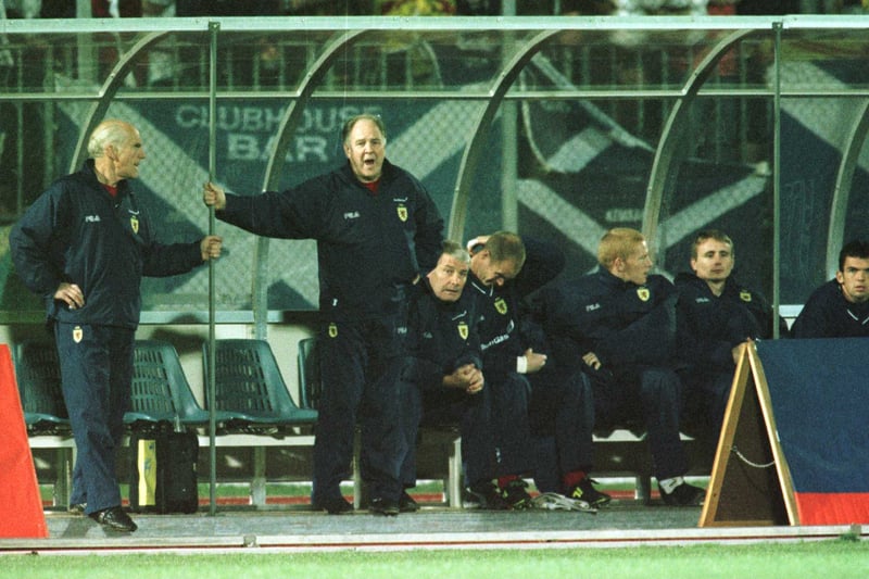 Brown offers some words of encouragement to his players from the bench during a World Cup qualifier against San Marino in October 2000. Goals from Matt Elliott and Don Hutchison secured a 2-0 win. 
