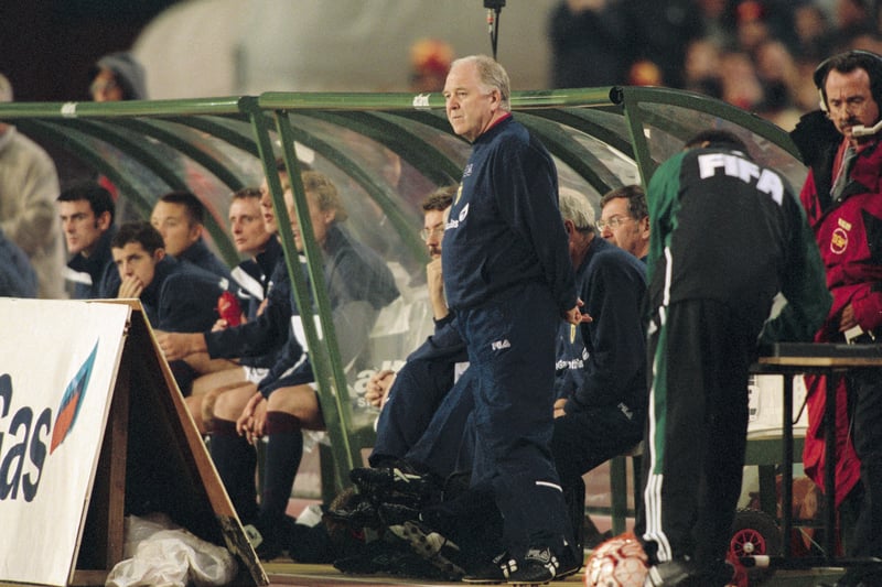 Brown watches the action unfold as Scotland take on Belgium in a World Cup qualifier at the Stade Roi Baudouin in September 2001. A 2-0 loss in Brussels marked the start of a gentle decline for the national team.