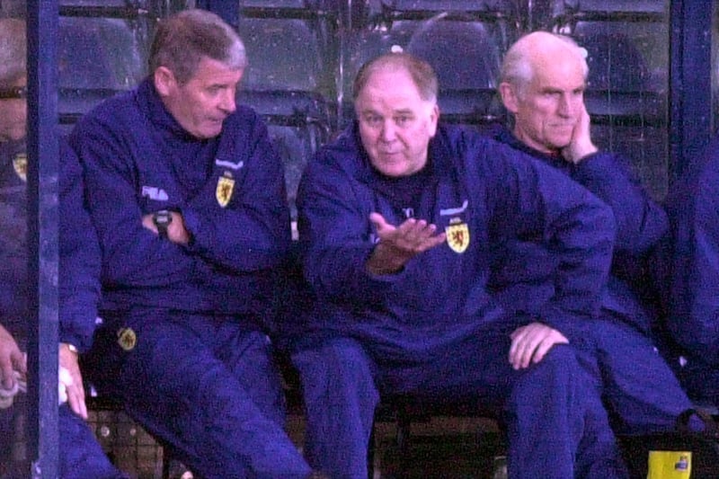 Brown deep in discussion with assistant manager Archie Knox during an international friendly against Australia at Hampden Park in November 2000. The pair formed a strong working relationship together.