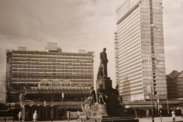 For 107 years the statue of the first Duke of Wellington surveyed the bust life of Manchester, but never has he seen greater changes than now, as his grime-darkened figure contrasts with the gleaming new buildings soaring skywards as part of the £5m Piccadilly development scheme. April 1964