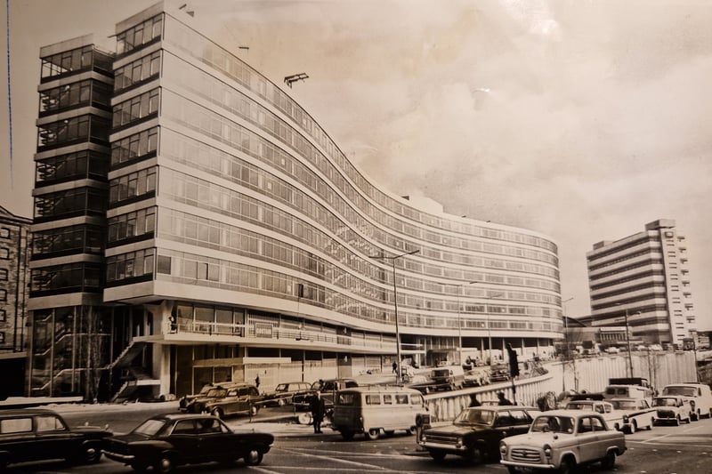 Piccadilly Station pictured during the final phase of a nine-year facelift which involved the demolition of old buildings. Gateway House is in the foreground. It is shaped as a lazy 'S' known locally as the 'Wavy Building. Picture April 1968