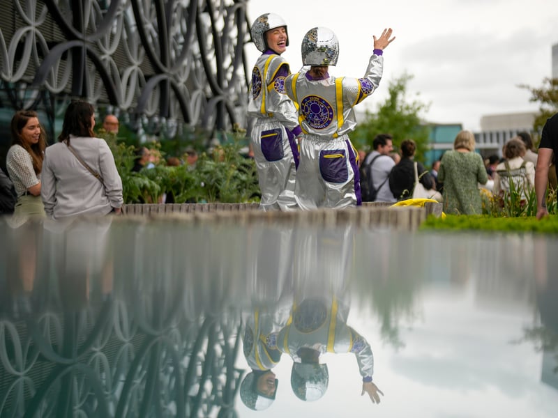 The Astro Groovers from the Lynnbec performance company perform at the launch for the Birmingham Festival 23 on June 28, 2023 in Birmingham, England. From Friday 28 July - Sunday 6 August, Birmingham Festival 23 is intended as a showcase of “Birmingham’s talent, character and reputation as a world-class destination for major events.” (Photo by Christopher Furlong/Getty Images)