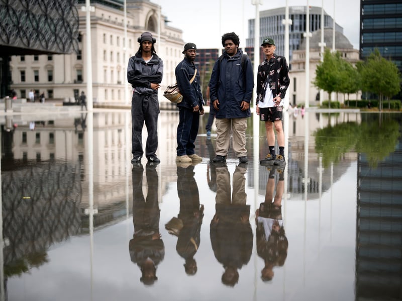 Members of the UPG dance collective and Tarju Le’Sano, right, director of the 93:00 Collective, pose for the media in Centenary Square after performing at the launch for the Birmingham Festival 23 on June 28, 2023. (Photo by Christopher Furlong/Getty Images)