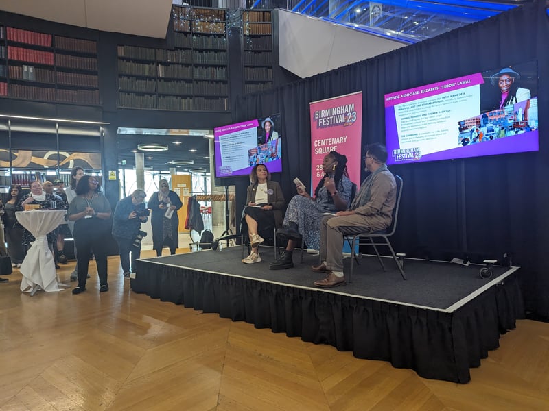 Creative Director Raidene Carter, Artistic Associate Zeddie Lawal, and Artistic Associate Muhktar Dar in conversation at the launch on June 28, 2023.