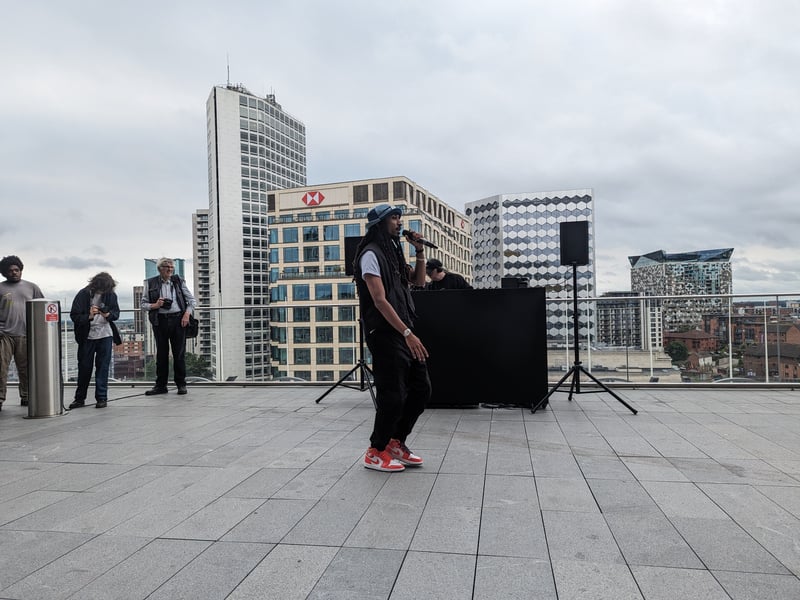 Member of the 93:00 Collective performs at the Library of Birmingham on June 28