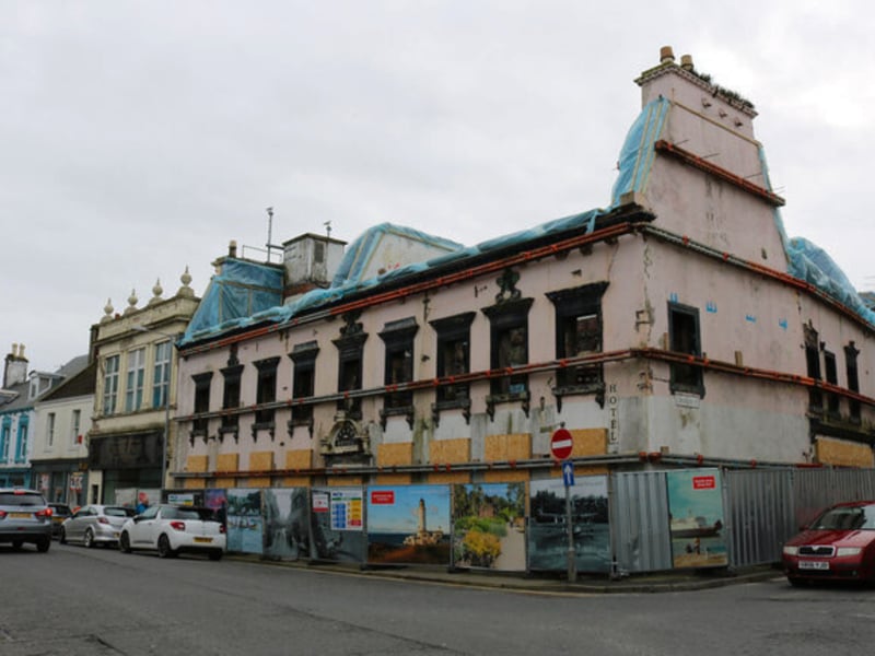 The hotel is located on 49 George Street, Stranraer in Dumfries and Galloway. The present building was originally two private houses which were constructed in 1770 as part of the 3rd Duke of Argyll’s redevelopment of the town. Reports state the hotel was last used around 2007 but has suffered from water ingress.