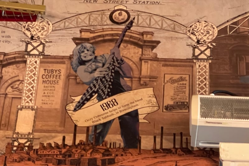A artwork panel featuring Ozzy is also on display at the Wetherspoons pub inside New Street station. The panel is based on an iconic picture in which Ozzy can be seen lifting up the Quiet Riot musician Randy Rhoads  as he plays his polka dot guitar while on stage in Illinois in 1982. 