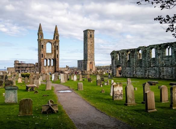 Also known as “the Cathedral of St Andrew” this is a ruined cathedral located in St Andrews, Fife. Undiscovered Scotland tells us: “A religious community was probably first located on this site in about 732, when relics of St Andrew were brought to what was then known as Kilrimont or Cennrígmonaid by Bishop Acca of Hexham. There is an alternative and probably more fanciful story, that Saint Rule (also known as St Regulus) brought a number of St Andrew's bones here by boat in 347, having sailed from Patras in Greece and eventually surviving a shipwreck near the site of today's harbour.”