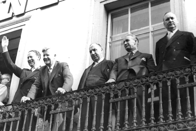 Labour Party leader Hugh Gaitskell and other guests and speakers on the balcony of the County Hotel.
