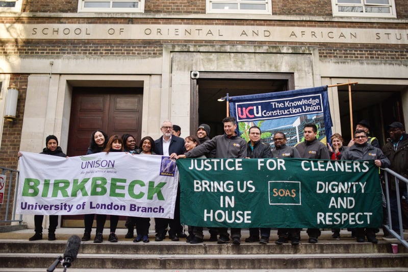 The School of Oriental and African Studies was 37th overall.  Pictured in 2019 is then-Labour leader Jeremy Corbyn supporting protesting cleaners and catering staff. (Photo by Peter Summers/Getty Images)