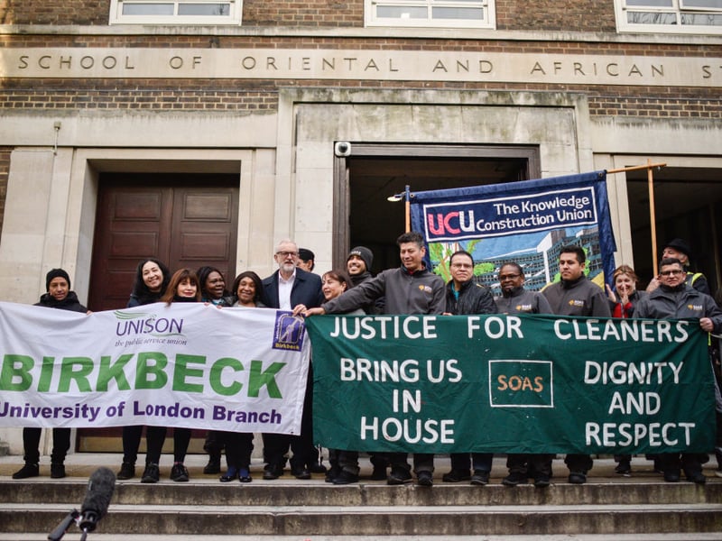 The School of Oriental and African Studies was 37th overall. Pictured in 2019 is then-Labour leader Jeremy Corbyn supporting protesting cleaners and catering staff. (Photo by Peter Summers/Getty Images)
