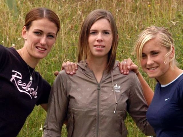 Carly Telford, centre, was a goalkeeper in the England World Cup squad of 2019. She started her footballing career at Sunderland and is pictured here with Jill Scott and Steph Houghton at Dalton Park in 2007.