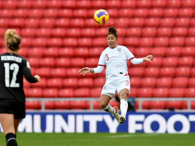 Demi Stokes playing for England against Austria in 2021. She played for Sunderland from the age of 16.