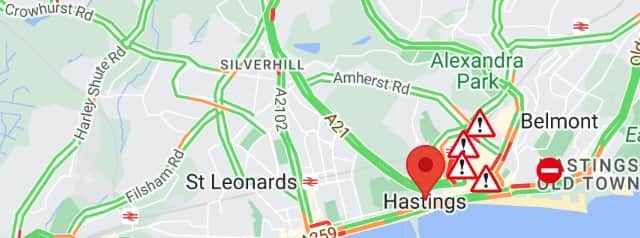 Multiple road closures are in place in Hastings, as a result of the incident.A21 Cambridge Road One Way Street is closed from Cornwallis Terrace to Cambridge Road.Havelock Road is closed both ways from Station Approach to A259 Carlisle Parade.Devonshire Road One Way Street is closed from Cornwallis Terrace to South Terrace. 