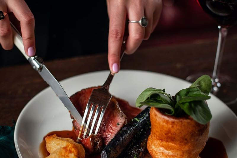 Rump of beef, chicken supreme or haunch of venison. Served with Yorkshire pudding, duck fat potatoes, charcoal blackened carrot, sautéed greens, watercress, red wine gravy. 363 Argyle St, Glasgow G2 8LT. 