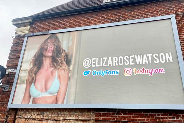 The advert - featuring X-rated model Eliza Rose Watson posing in her underwear - prompts locals to subscribe to her raunchy page.