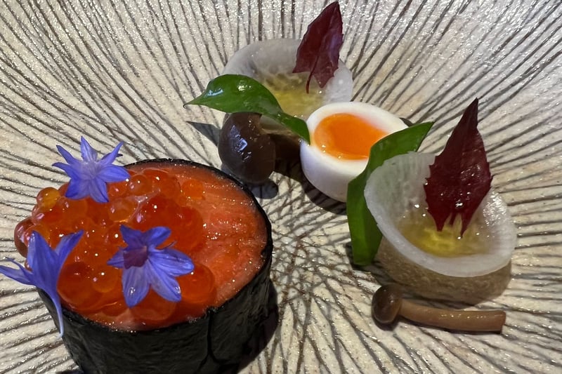 Nori wrapped mi cuit sea trout with pickled mushrooms, quail egg and dashi as part of the tasting menu at the Finnieston favourite. 
