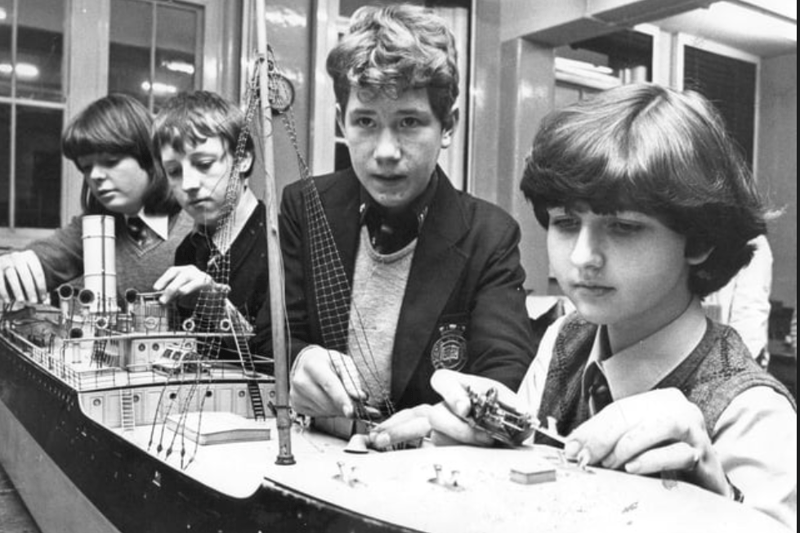 Pupils of Springfield Comprehensive, Jarrow, with a model of the Locksley Hall, built by Palmers of Hebburn in 1886. Pictured in 1981 were, left to right: Tania Hall, Stephen Rutherford, Christopher Harrison and Joanne Parker. Photo: Shields Gazette