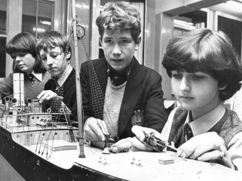Pupils of Springfield Comprehensive, Jarrow, with a model of the Locksley Hall, built by Palmers of Hebburn in 1886. Pictured in 1981 were, left to right: Tania Hall, Stephen Rutherford, Christopher Harrison and Joanne Parker. Photo: Shields Gazette