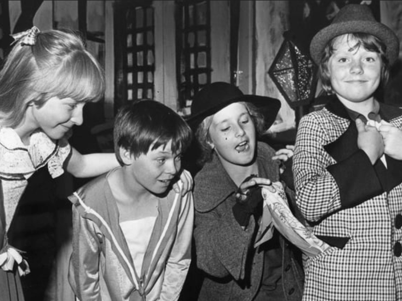 A lovely scene at St James RC Primary School in 1981. Fagan (played by Maura Connelly), teaches Oliver (Calum Samuels) the tricks of the trade, picking the pocket of the Artful Dodger (Anne Duffy), watched by Nancy, (Vickie Phelan). Photo: Shields Gazette