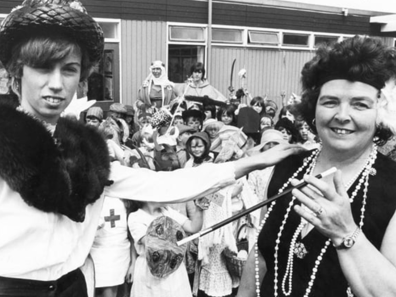 Jennie Inskip, right, head teacher of Hedworthfield Junior School, Jarrow and student nursery teacher Dawn Purcell were getting into the swing of things when the school held a fancy dress as part of their Jarrow 1300 celebrations in 1981. Photo: Shields Gazette
