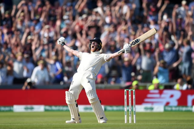 Ben Stokes of England celebrates hitting the winning runs to win the 3rd Specsavers Ashes Test match between England and Australia at Headingley on August 25, 2019 in Leeds, England. (Photo by Gareth Copley/Getty Images)