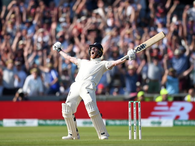 Ben Stokes of England celebrates hitting the winning runs to win the 3rd Specsavers Ashes Test match between England and Australia at Headingley on August 25, 2019 in Leeds, England. (Photo by Gareth Copley/Getty Images)