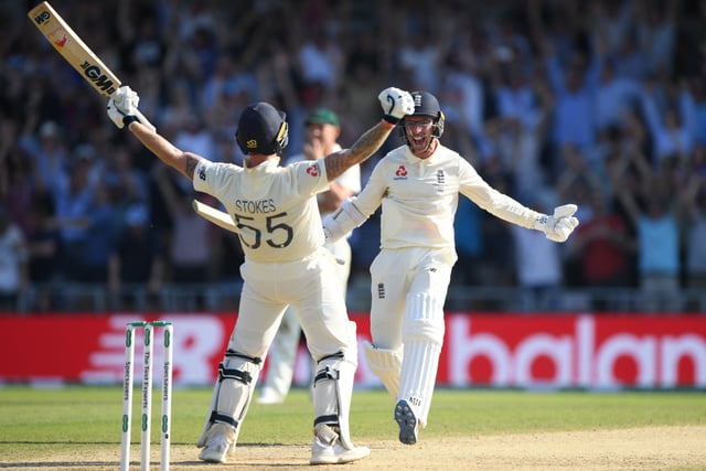 England batsman Ben Stokes and Jack Leach celebrate victory in the test match by 1 wicket after Stokes had hit the winning runs during day four of the 3rd Ashes Test Match between England and Australia at Headingley on August 25, 2019 in Leeds, England. (Photo by Stu Forster/Getty Images)