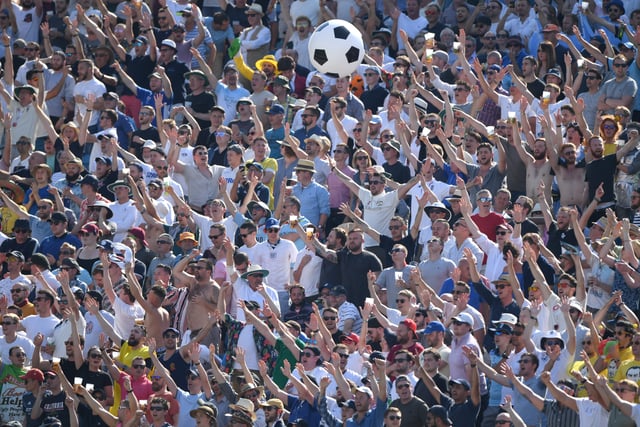 England fans celebrate a boundary during day four of the 3rd Ashes Test Match between England and Australia at Headingley on August 25, 2019 in Leeds, England. (Photo by Stu Forster/Getty Images)