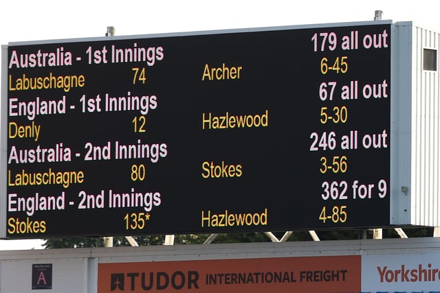 The completed scorecard is shown on the big screen after day four of the 3rd Ashes Test Match between England and Australia at Headingley on August 25, 2019 in Leeds, England. (Photo by Gareth Copley/Getty Images)