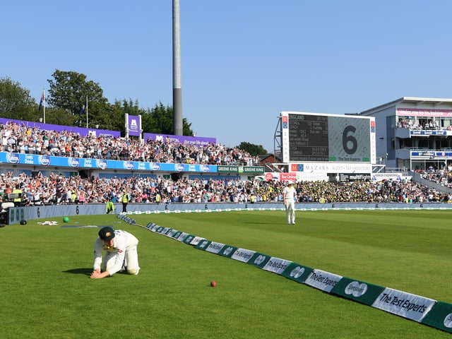 Australia fielder Marnus Labuschagne dives in vain to stop a Ben Stokes six hit during day four of the 3rd Ashes Test Match between England and Australia at Headingley on August 25, 2019 in Leeds, England. (Photo by Stu Forster/Getty Images)