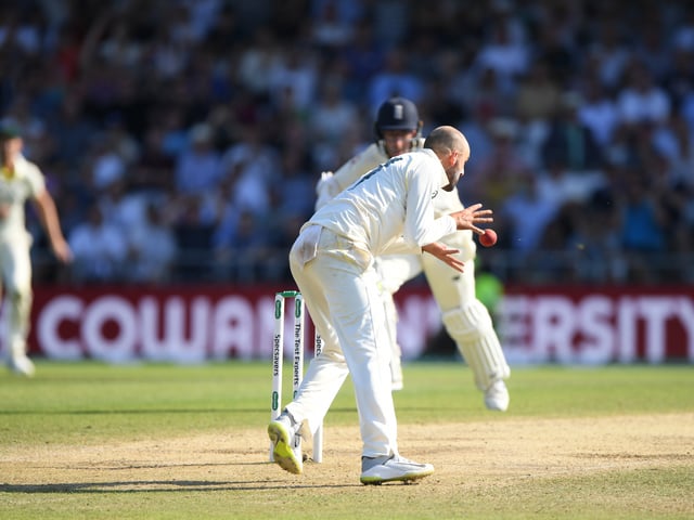 England batsman Jack Leach evades being run out by Nathan Lyon during day four of the 3rd Ashes Test Match between England and Australia at Headingley on August 25, 2019 in Leeds, England. (Photo by Stu Forster/Getty Images)
