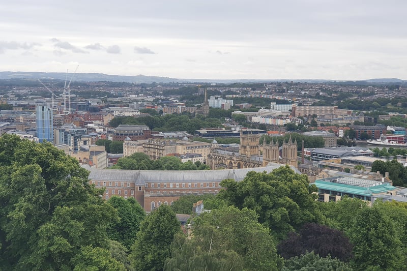This view looks across City Hall and the Cathedral towards the city centre and east Bristol