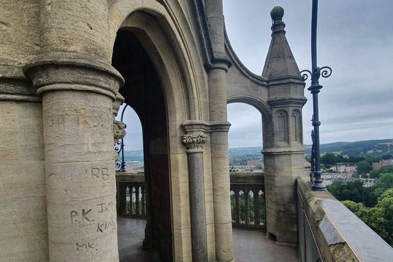 At the top of the spiral staircase are two viewing platforms with ornate stone arches