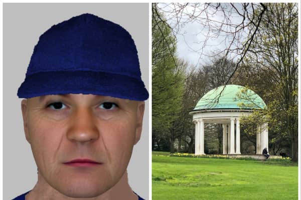 Police want to identify the man in this E-fit, as part of an investigation into a man committing a 'lewd act' near to a paddling pool at Clifton Park, Rotherham (pictured)