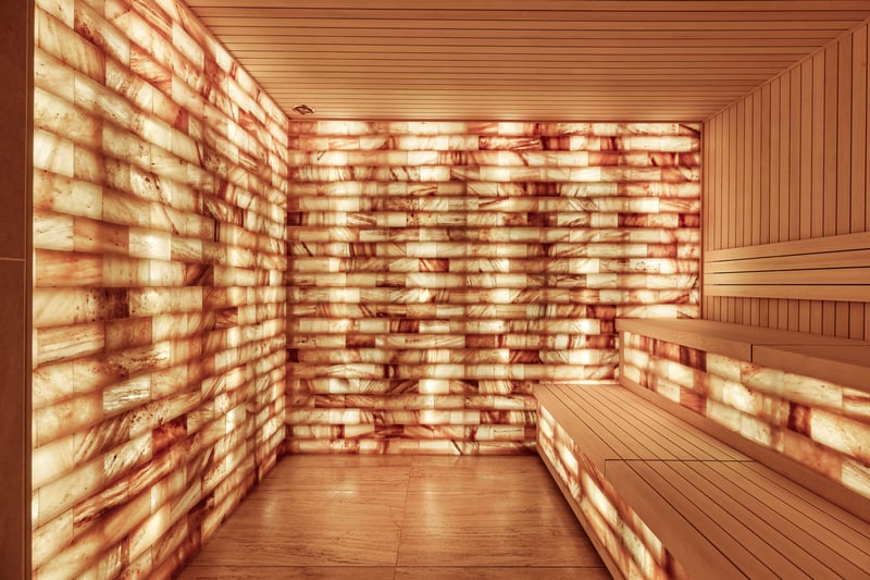 The custom-built Himalayan salt room cocooned with pink salt bricks. Designed to improve respiratory function, reduce inflammation and aid detoxification, the salt room enhances breathing by opening up airways and dislodging toxins. 