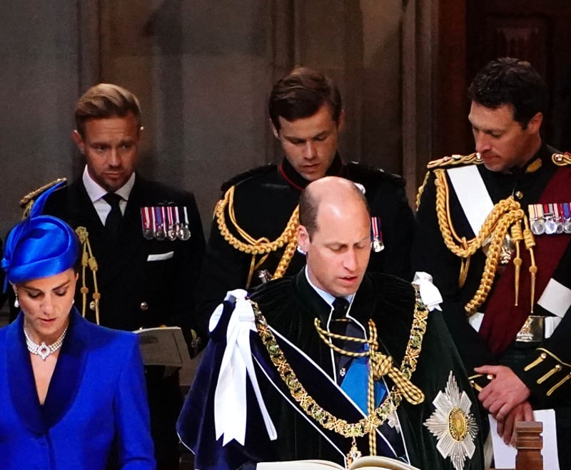 The Princess of Wales and the Prince of Wales known as the Duke and Duchess of Rothesay while in Scotland, King Charles III and Queen Camilla during the service.