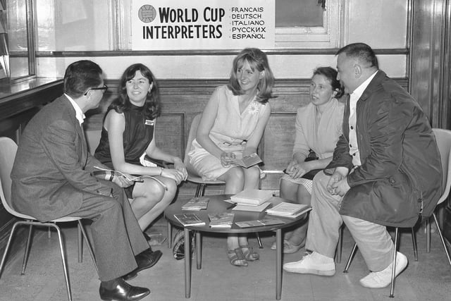 A team of interpreters at Sunderland's General Post Office - Margaret Hodgson, Christine Rourke, and Ludmilla Jackson - were pictured talking to Italian journalists Sandro Castellano and Mario Pennacchia.