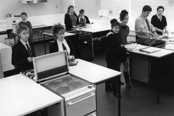 Pupils in the Home Economics area at Mortimer School. Remember this from February 1990?