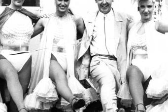 Les Dennis with the showgirls at his Bents Park show in July 1990.