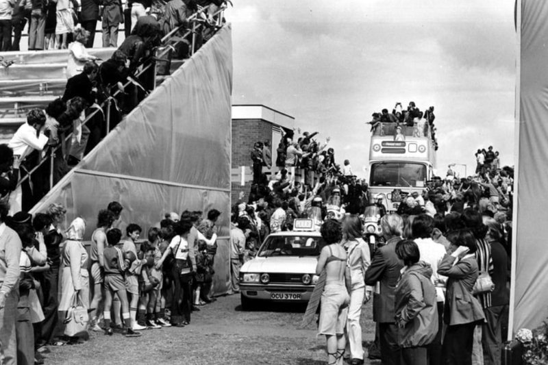 The bus arrives to a packed stand. Does this bring back wonderful memories? Photo: Freddie Muddit and thanks to www.southtynesidehistory.co.uk for their help. Photo: Freddie Muddit