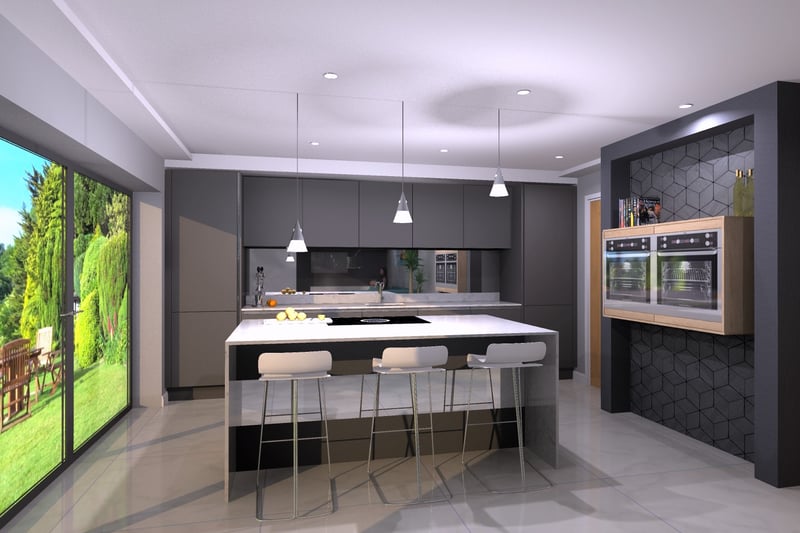 The kitchen features a modern kitchen island with a breakfast bar.