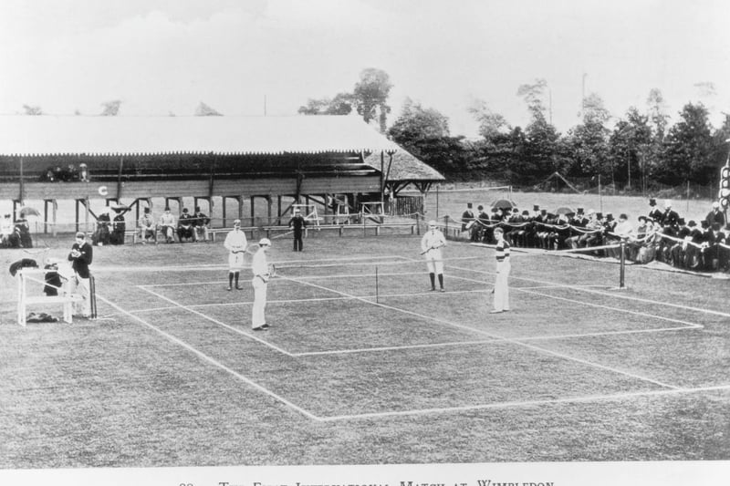 The match, between the twins William and Ernest Renshaw of England, and Clarence M Clark and JS Clark of the USA, was won by the Renshaws. (Photo by Hulton Archive/Getty Images)