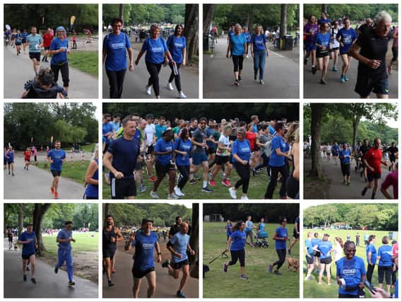 Some of the runners creating a blue wave at Sheffield parkrun events to mark 75 years of the NHS