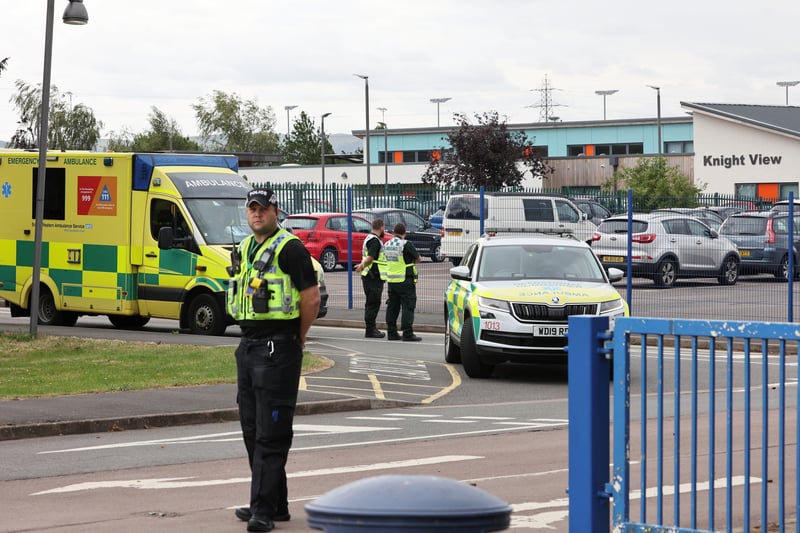 A police officer stands guard at the school gates. Gloucestershire Police said today: "The school is in lockdown while police are at the scene. More information will be released in due course."
